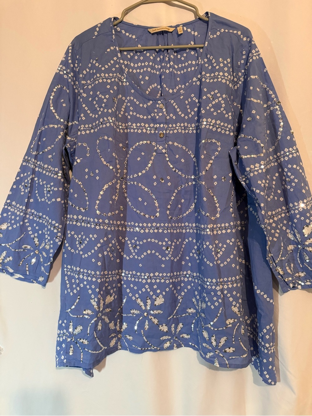 Soft Surroundings Tunic 2X Blue White Bandana Print Sequin Embellished Boho